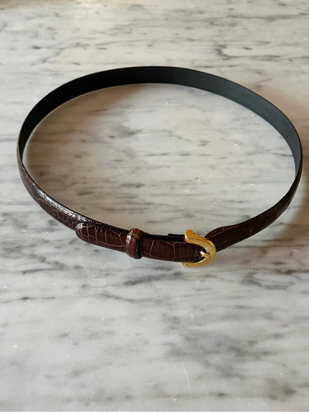Made in Italy Chocolate Brown Crocodile Embossed Leather Belt Gold Buckle S
